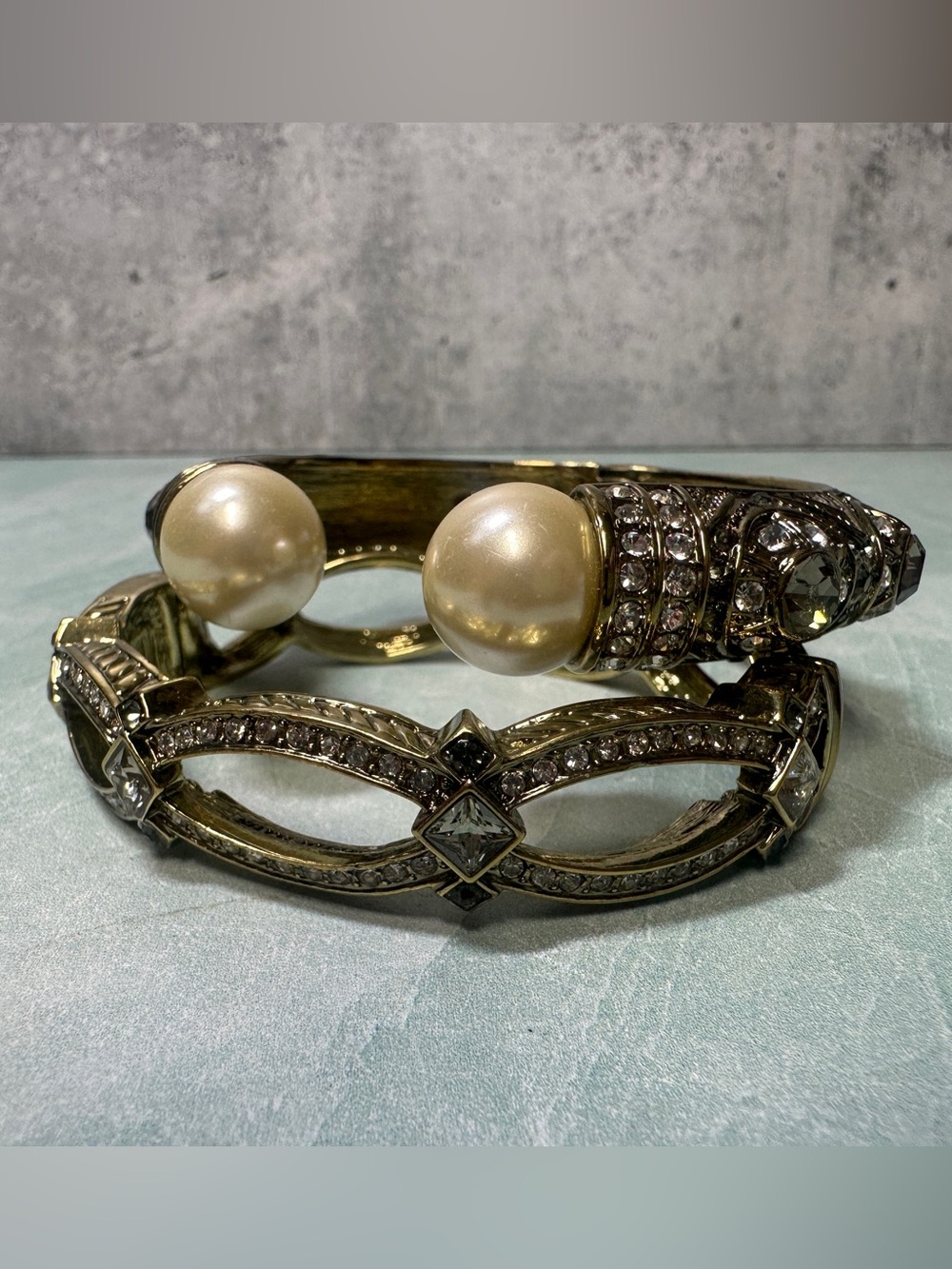 Heidi Daus Gold-Tone Pearl and Crystal Cuff Hinged Bracelet Set